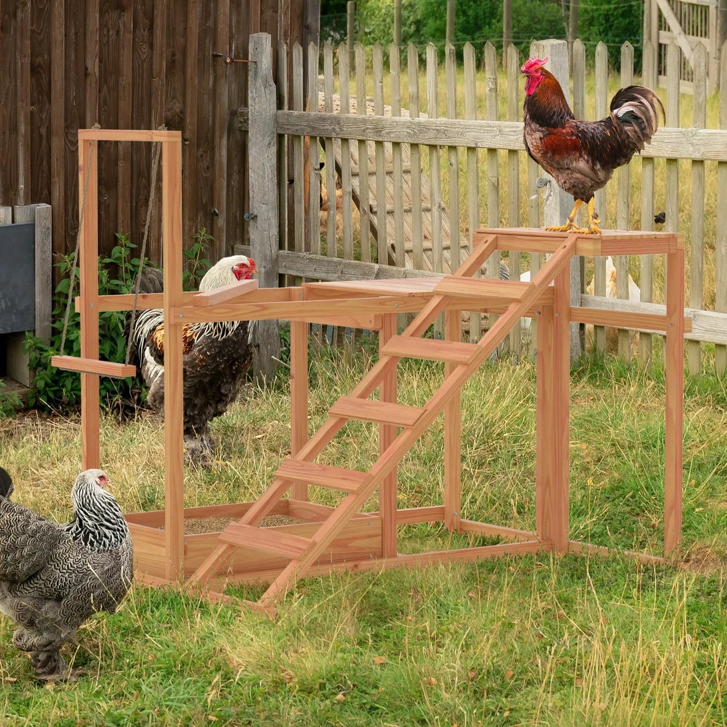 Wooden Chicken Roost and Perch Play Set with Swing Toy
