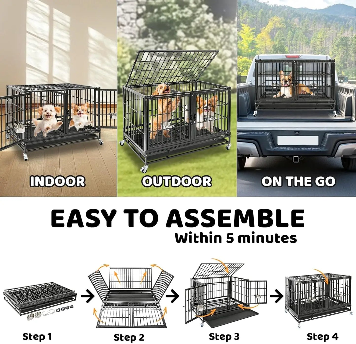 Heavy Duty Stackable Dog Crate With Divider Doors And Bowls