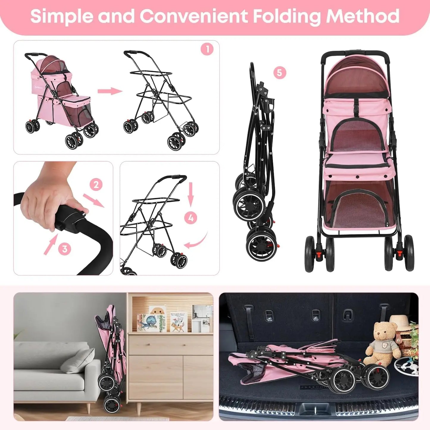 Double Pet Stroller For Two Pets, Lightweight Folding, 4 Wheels