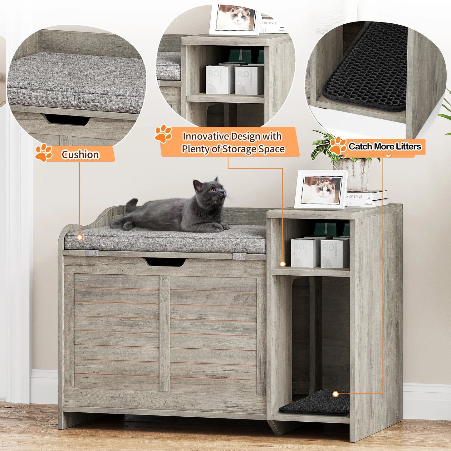 Hidden Wood Cat Litter Box Enclosure With Scratch Pad Easy Assembly