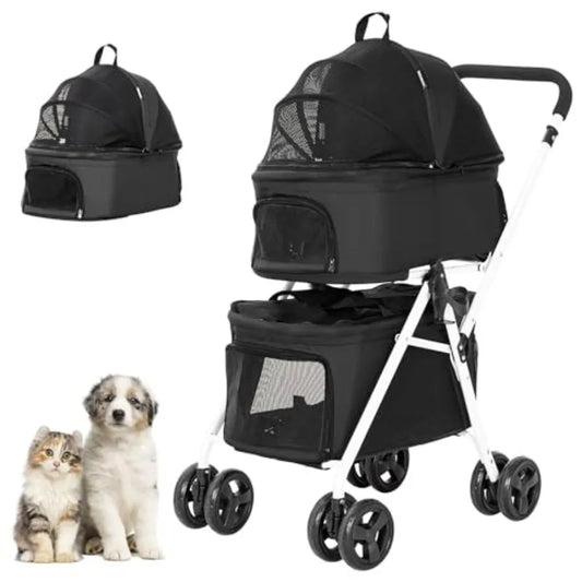 Portable Double Dog Stroller With Two Detachable Carriers