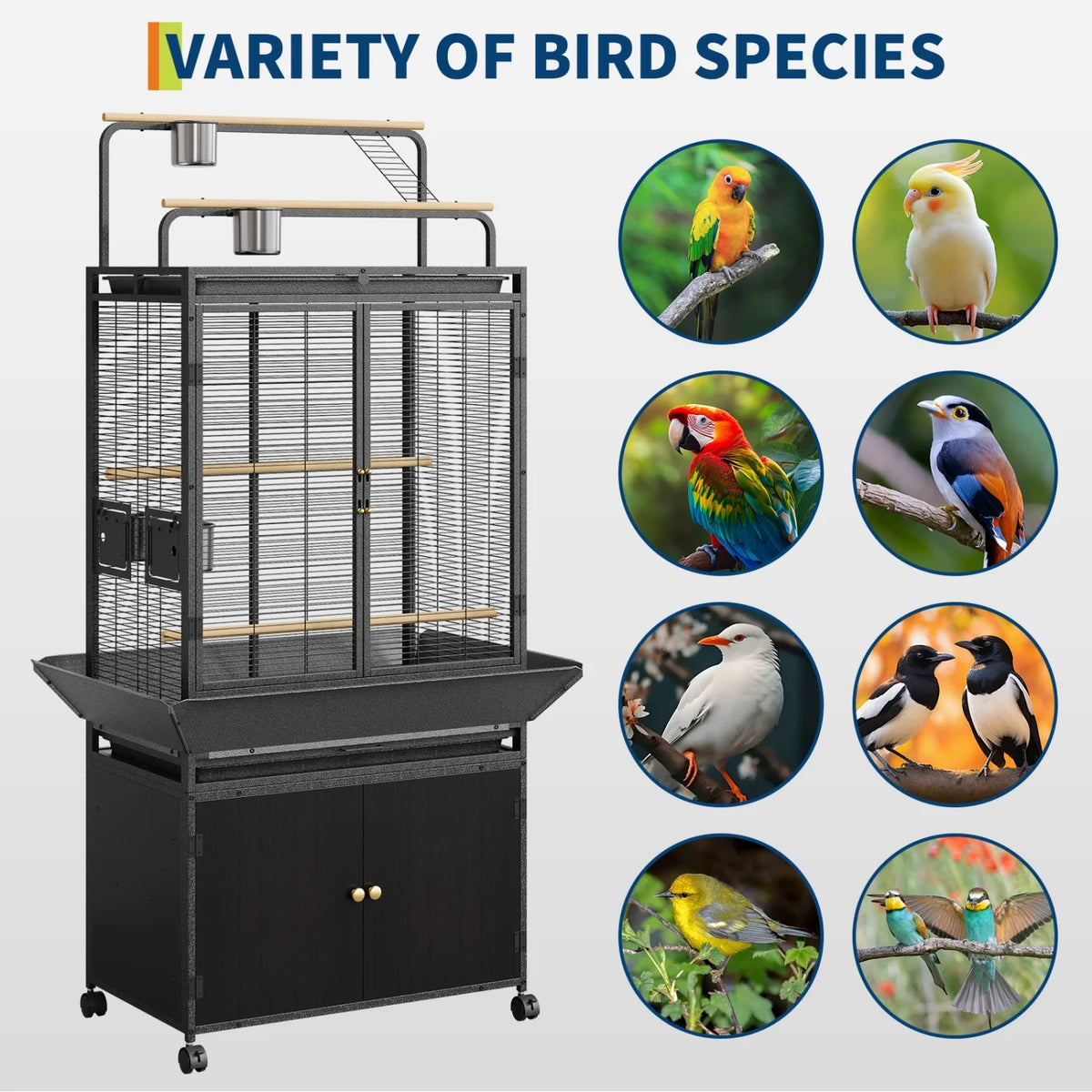 HImiss Corner Bird Cage Play Top And Rolling Storage Cabinet