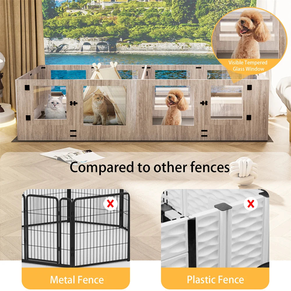 BORWART Tempered Glass Dog Playpen Whelping Box with Pig Rails