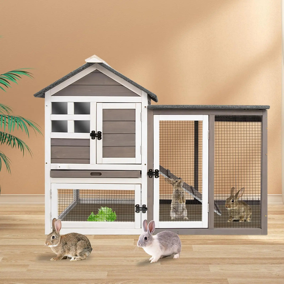 Indoor Outdoor Wooden Rabbit Hutch With Pull Out Cleaning Tray
