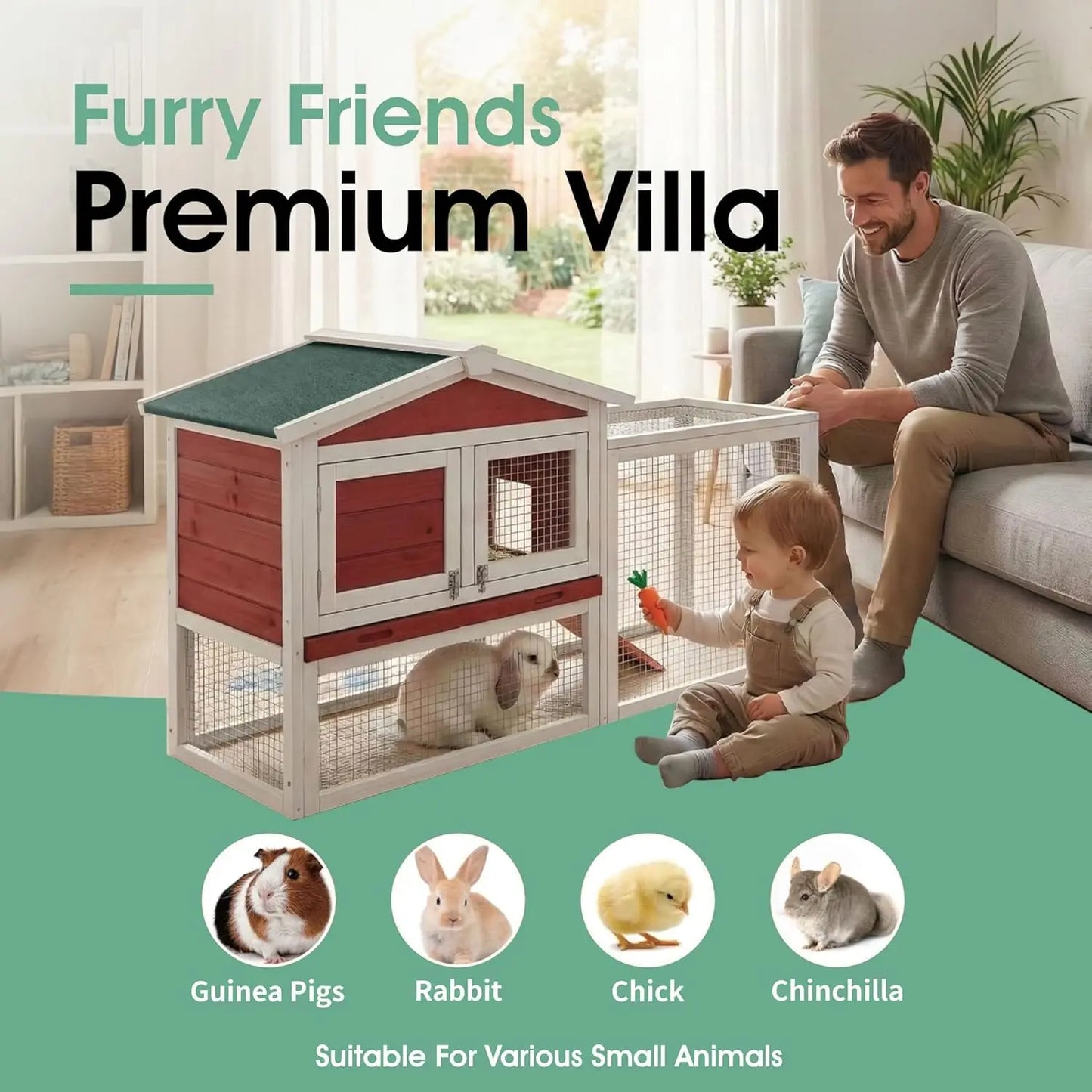 HiMISSFarm Outdoor Rabbit Hutch 2 Tier Wooden Cage With Ramp Tray