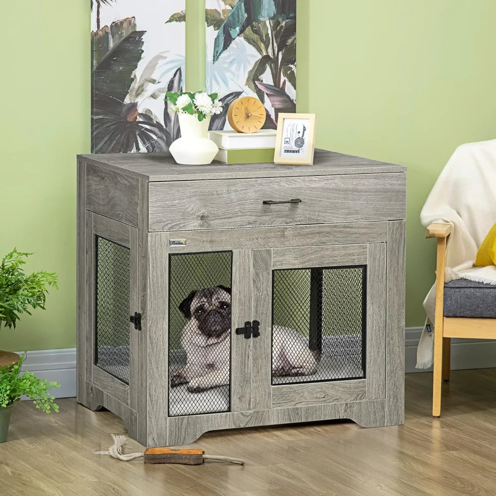 Dog Crate End Table With Cushioned Drawer