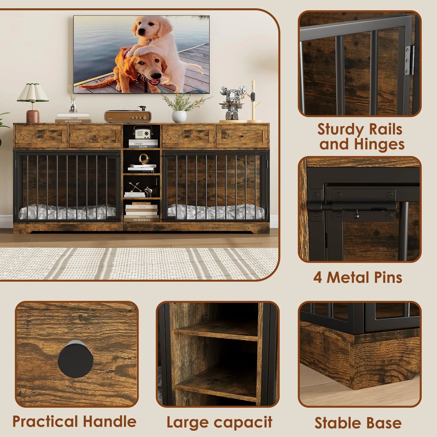 HiMISS Heavy Duty Double Dog Crate Furniture TV Stand