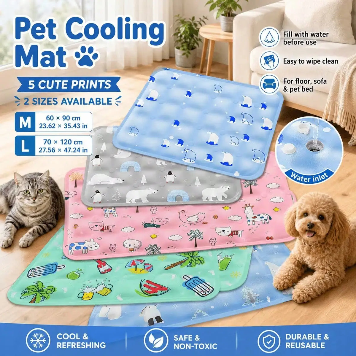 Water Filled Pet Cooling Mat With Breathable Cotton Surface