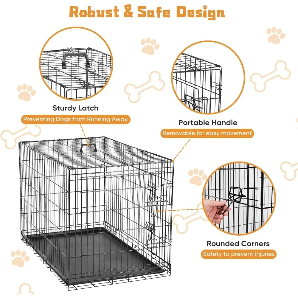 Dog Crate Foldable Double Door Cage With Leak Proof Pan Tray