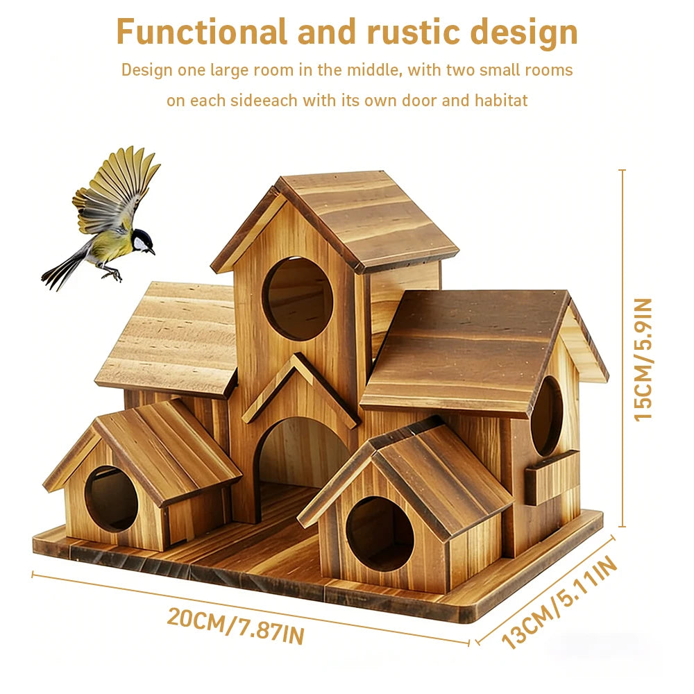 Wooden Five Hole Castle Bird House For Outdoor Garden Decor