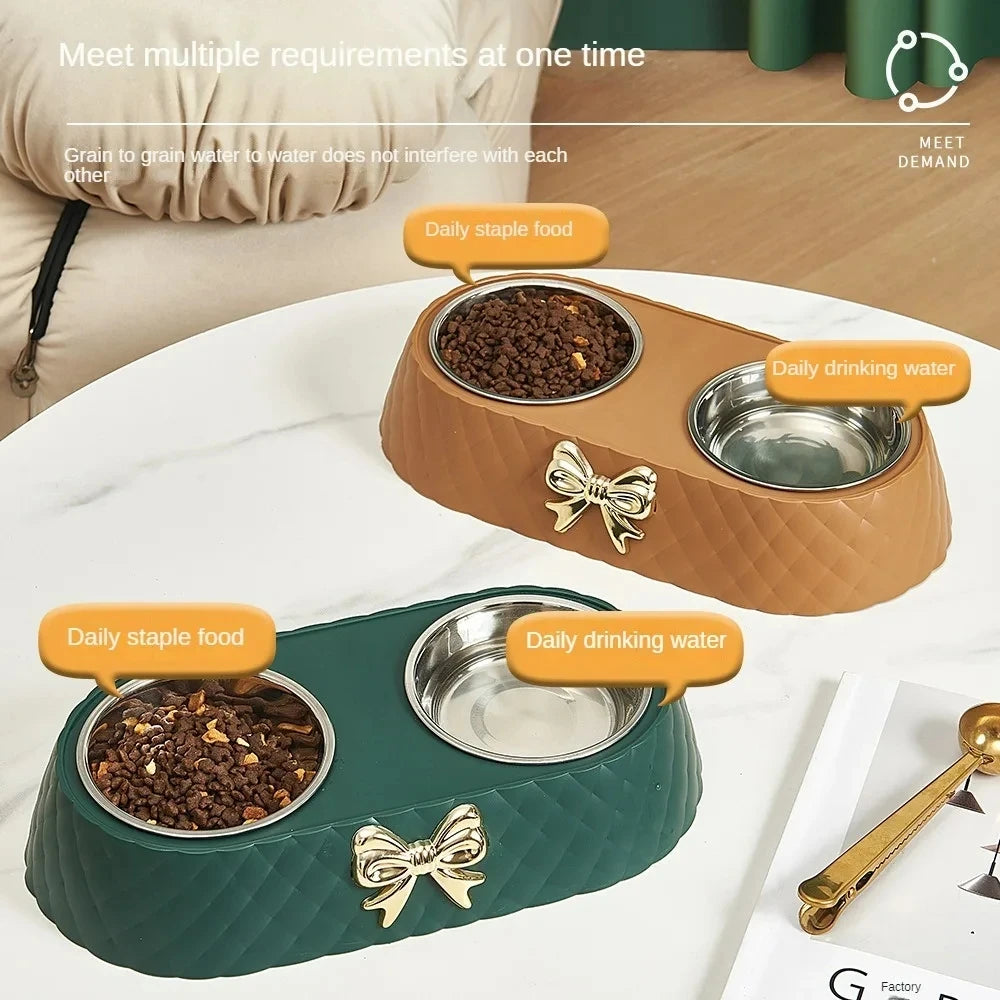 Double Pet Feeding Bowls Set With Plastic Base For Dogs And Cats