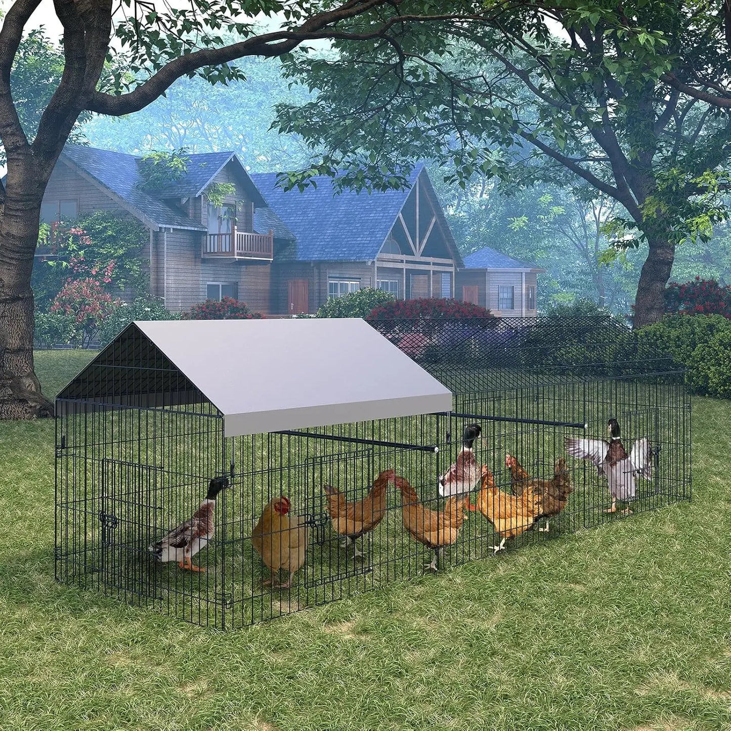 HiMISS Heavy Duty Walk In Metal Chicken Coop Run With Waterproof Cover