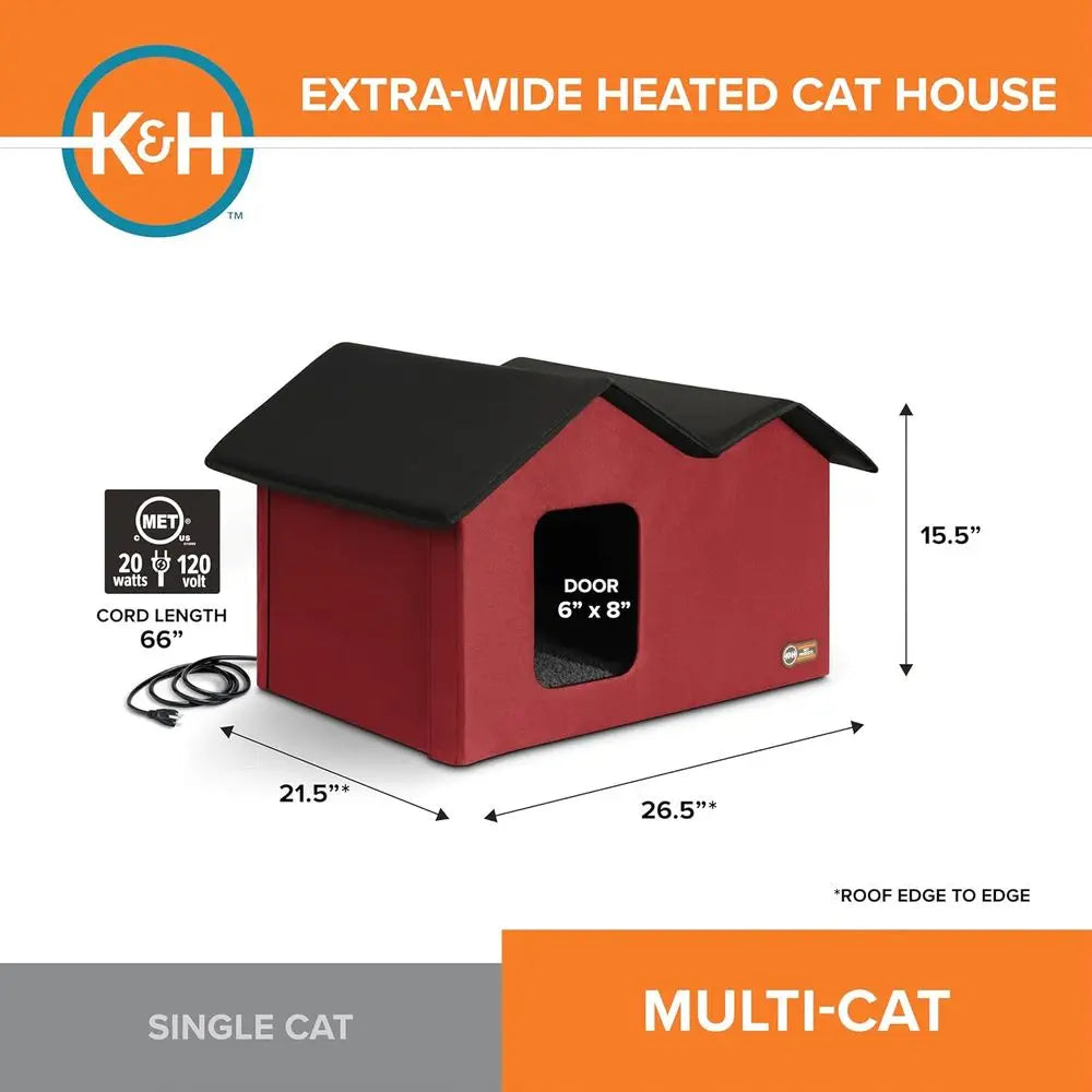 Extra Wide Heated Outdoor Cat House For Two Cats Insulated Weatherproof Shelter