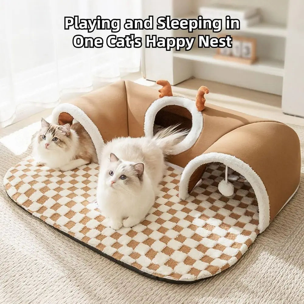 Indoor Cat Tunnel Bed With Peekaboo Cave And Toy Balls