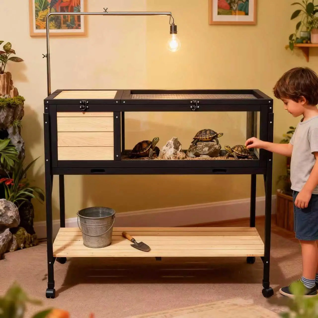 Wooden Tortoise Habitat Enclosure With Light Stand For Indoor Outdoor Use