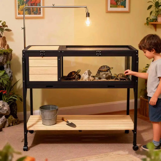 Wooden Tortoise Habitat Enclosure With Light Stand For Indoor Outdoor Use
