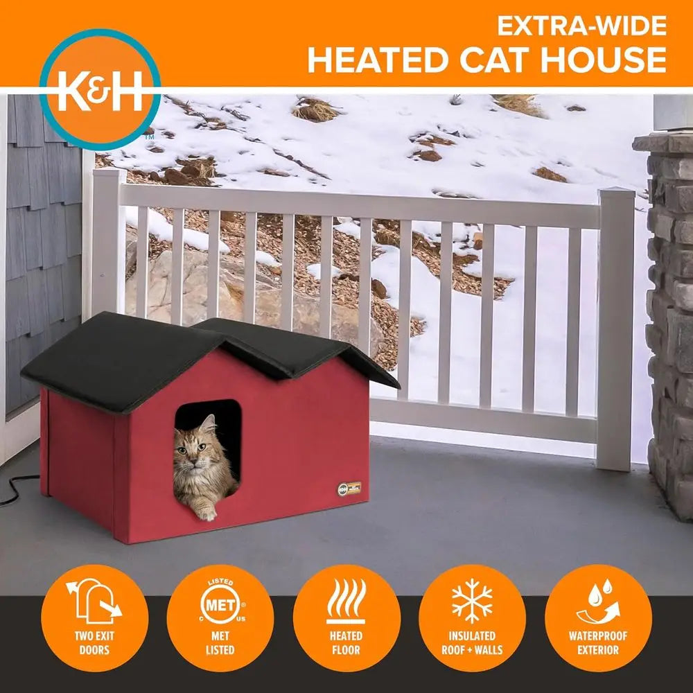 Extra Wide Heated Outdoor Cat House For Two Cats Insulated Weatherproof Shelter