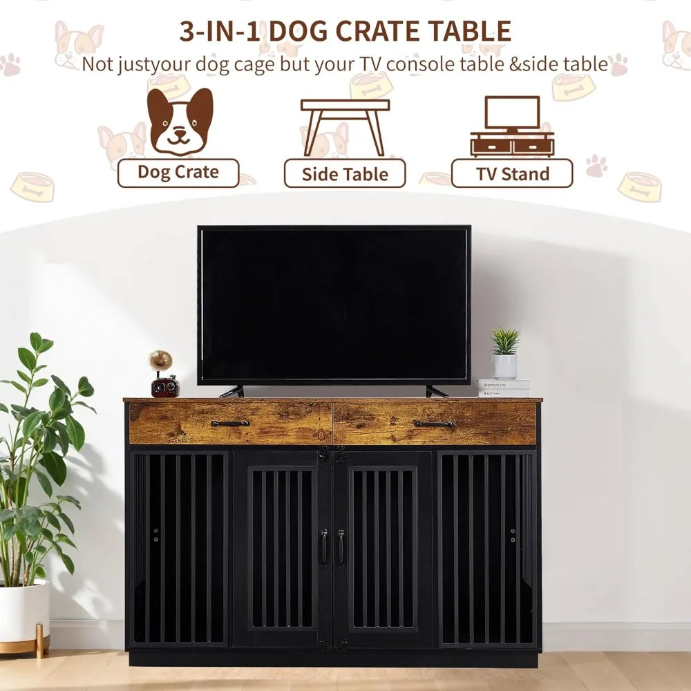 DAFIFY Wooden Dog Crate Furniture With Drawers And Double Door