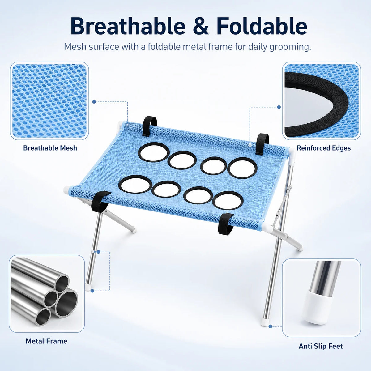 Foldable Pet Grooming Table With Breathable Mesh Platform