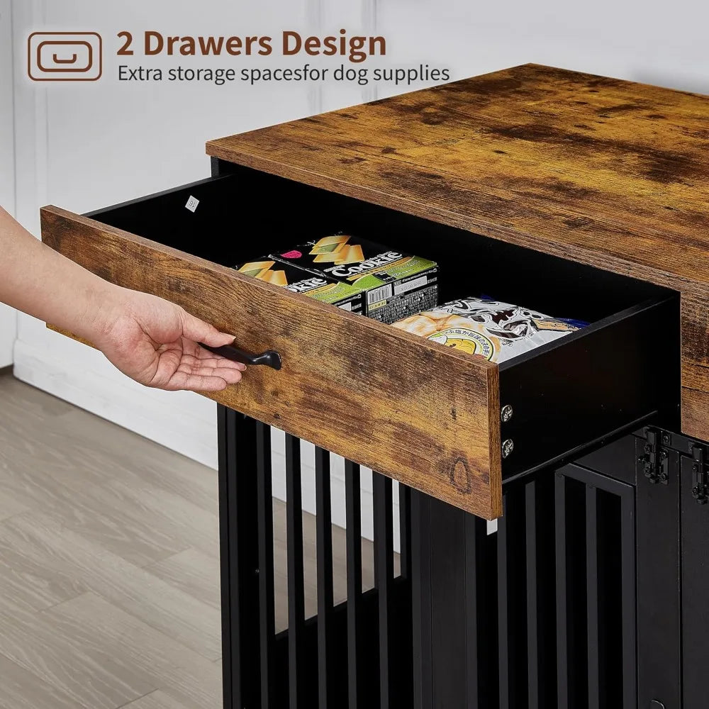 DAFIFY Wooden Dog Crate Furniture With Drawers And Double Door