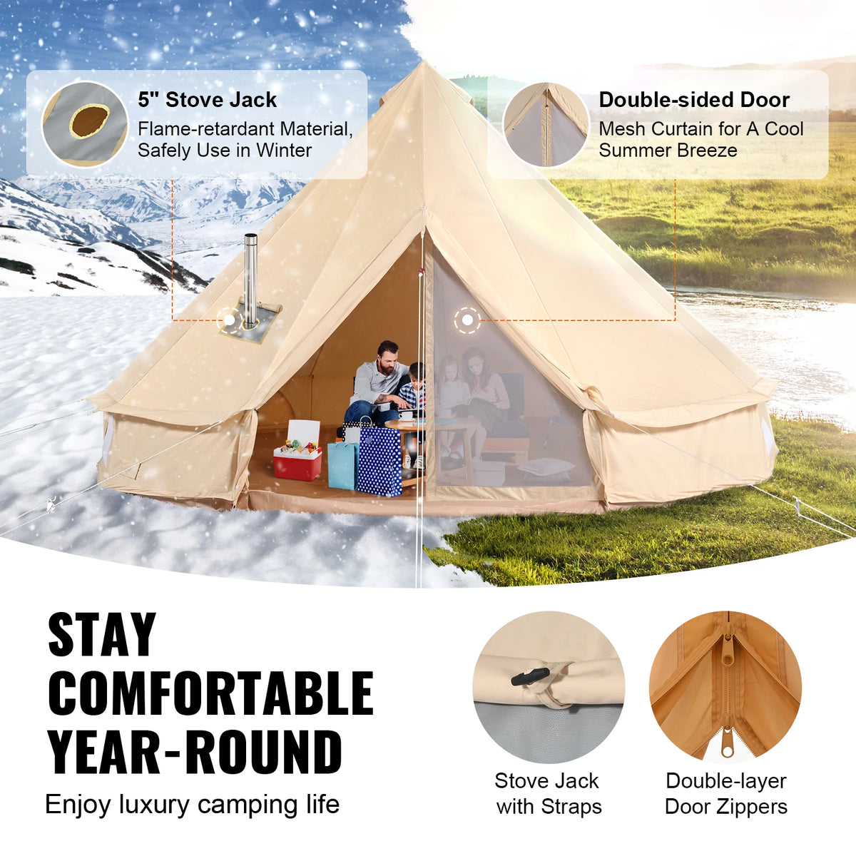 SucceBuy Four Season Canvas Bell Tent For Outdoor Camping