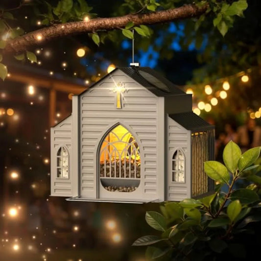 Church Shaped Metal Bird Feeder With Solar Light Outdoor
