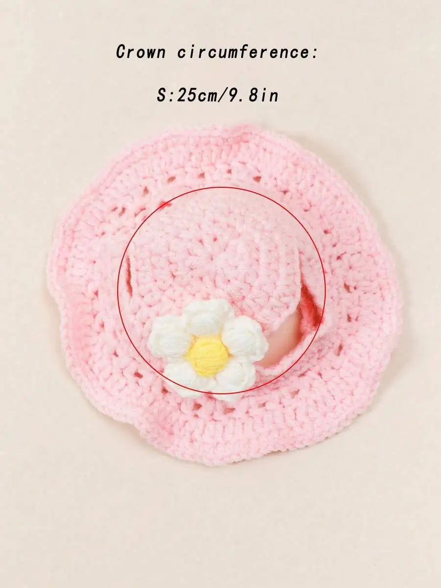 Premium Wool Knitted Pet Hat With Floral Trim For Pets
