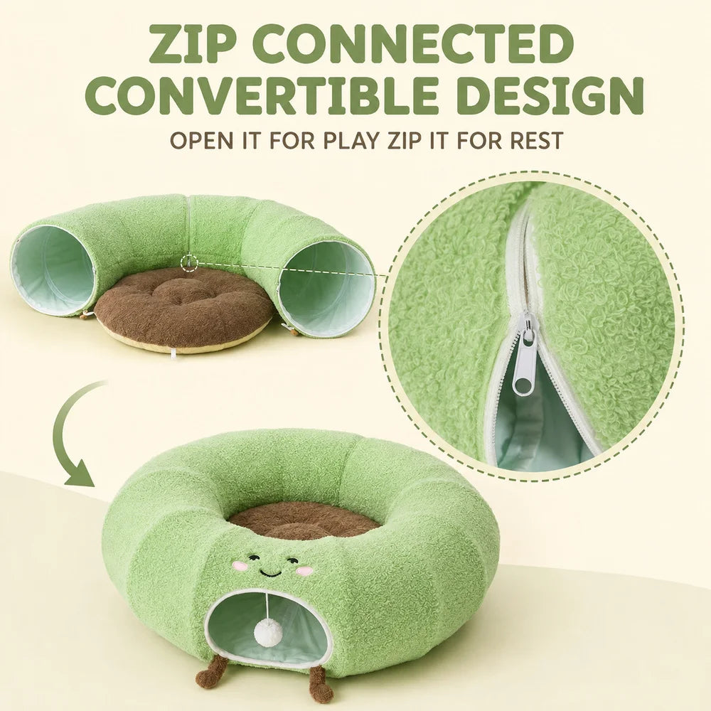 Convertible Cat Tunnel Bed With Plush Cushion And Play Tunnel