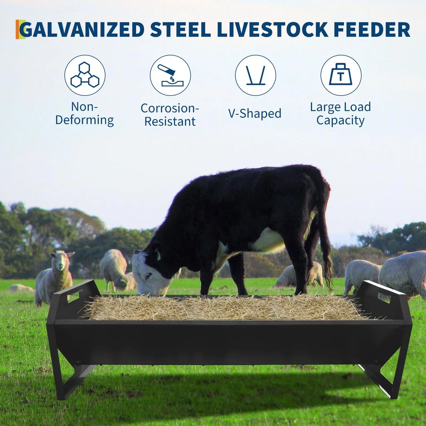 HiMISS Farm Animals Galvanized Steel Rustproof Livestock Feeder Hay Trough