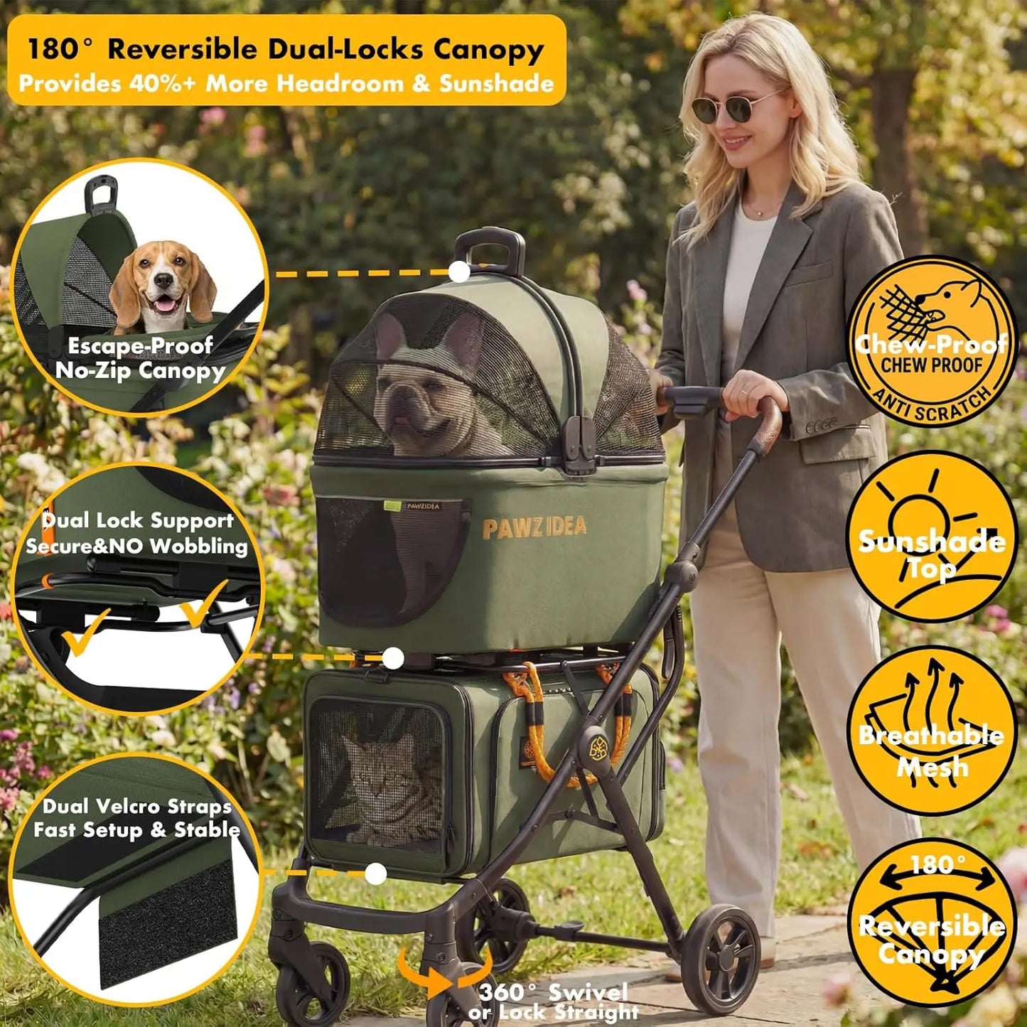 Double Pet Stroller With Detachable Carriers For Cats And Dogs