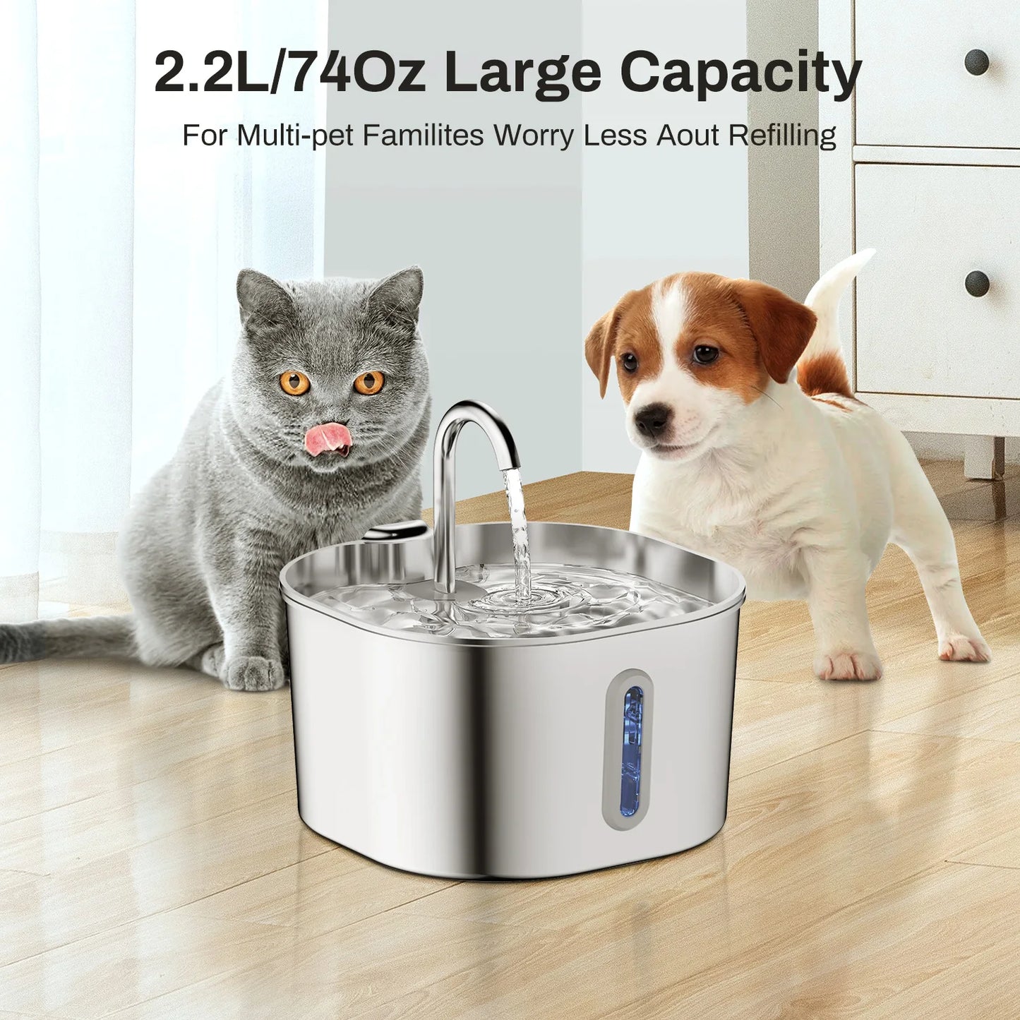 Automatic Cat Water Fountain Square Stainless Steel With Window