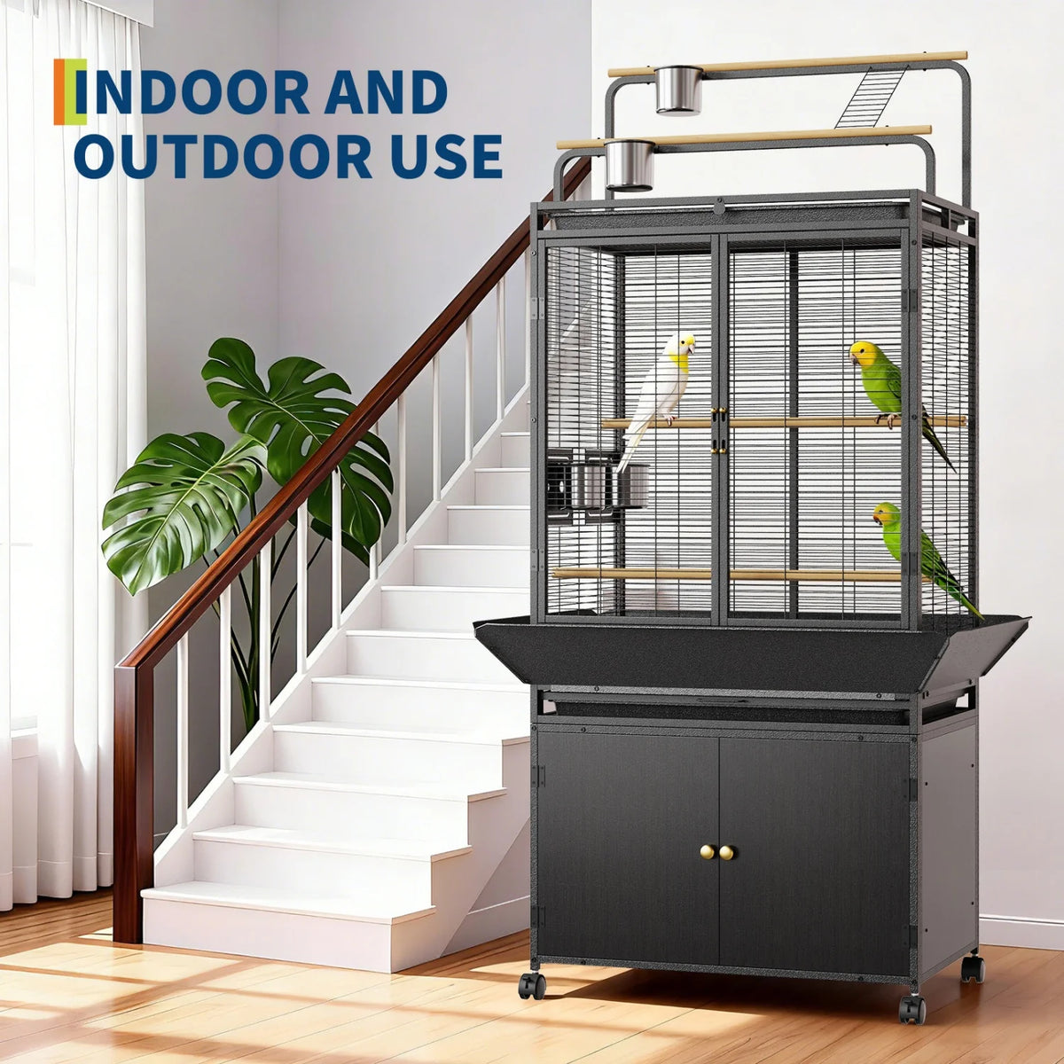 HImiss Corner Bird Cage Play Top And Rolling Storage Cabinet