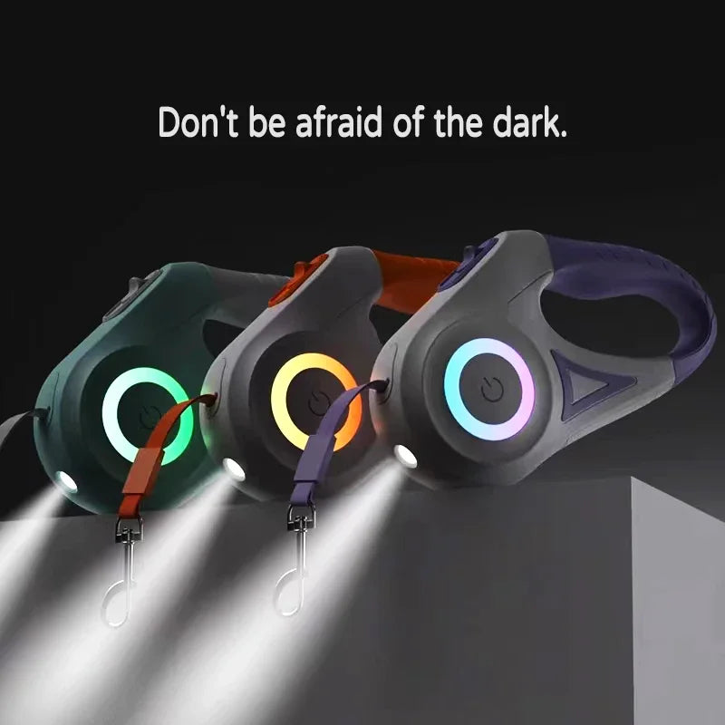 LED Retractable Dog Leash With Light For Pets Night Safety