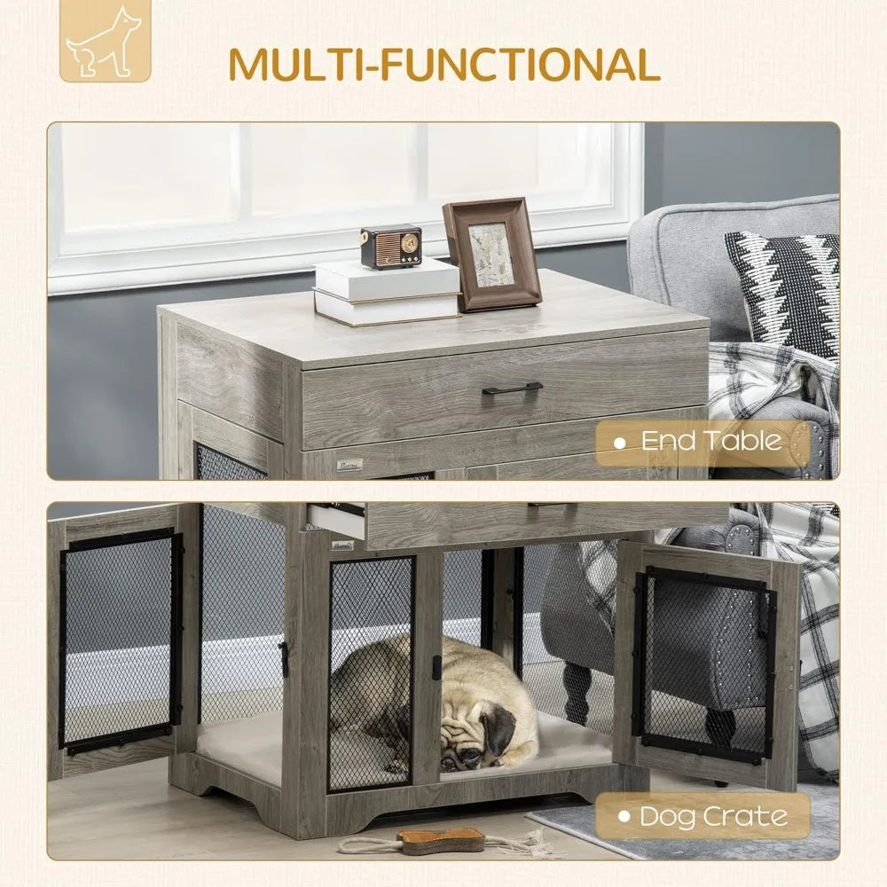 Dog Crate End Table With Cushioned Drawer