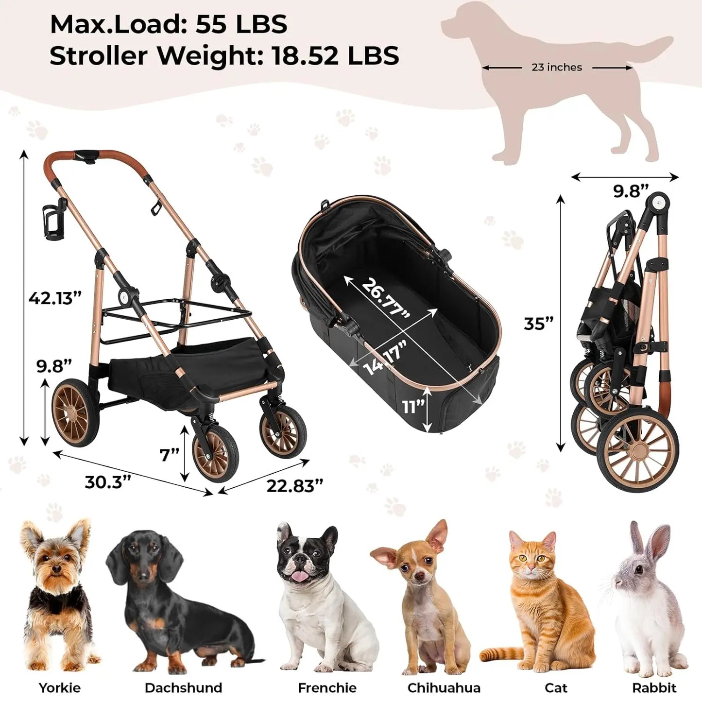 Foldable Pet Stroller All Terrain 3 In 1 Carrier Cup Holder