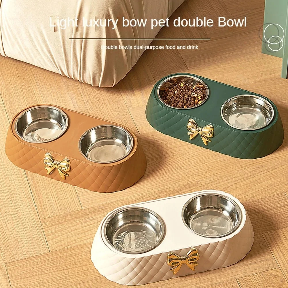 Double Pet Feeding Bowls Set With Plastic Base For Dogs And Cats