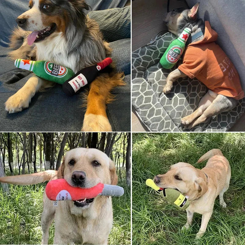 Dog Plush Chew Toys Squeak Beer Bottle Shaped Interactive Toy