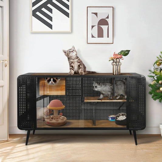 NONECN Spacious Cat House With Tempered Glass For Living Room