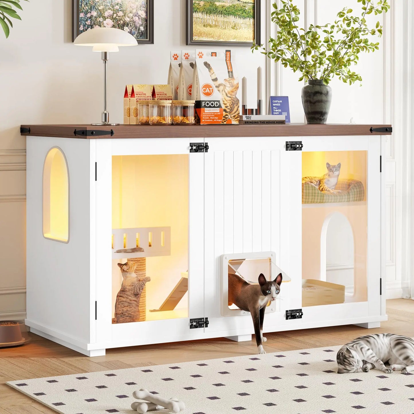 Cat House Litter Box Enclosure With LED Light And Stairs
