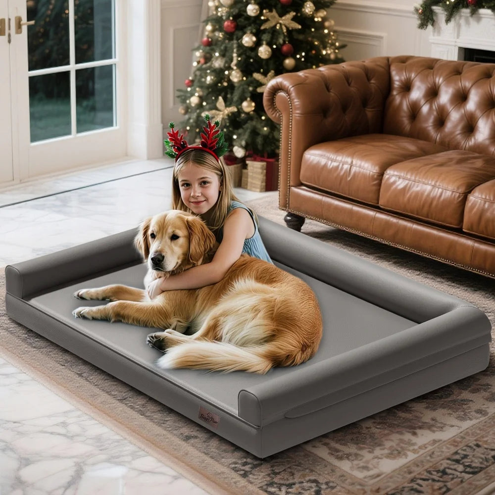 BORWART Orthopedic Dog Bed Bolster Waterproof Microfiber Leather Removable Cover