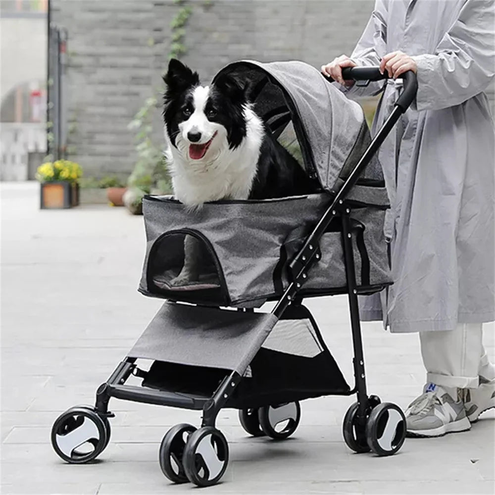 Foldable Pet Stroller Travel Carrier With 360 Wheels And Rain Cover