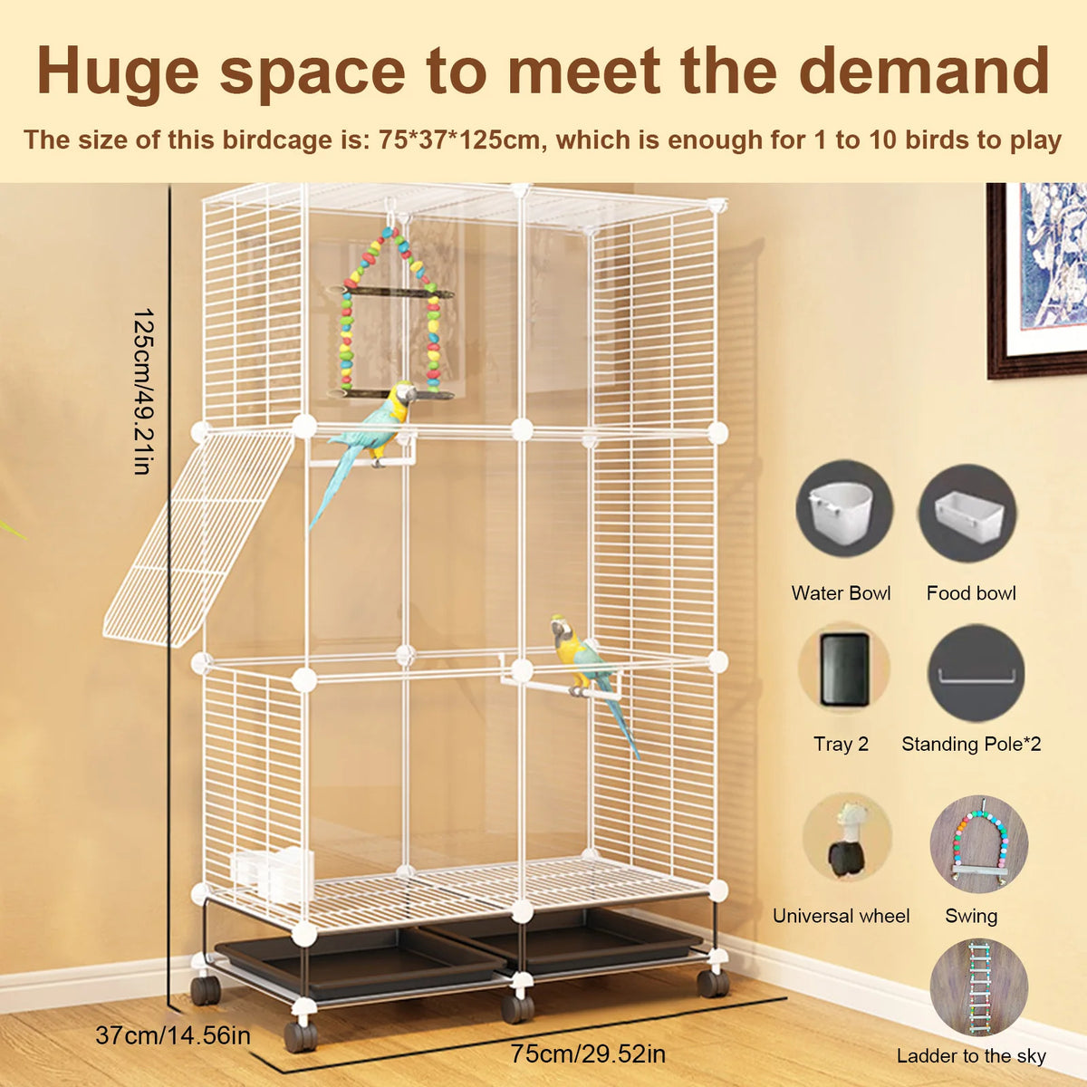 Multilevel Parrot Bird Cage With Rolling Stand And Removable Tray