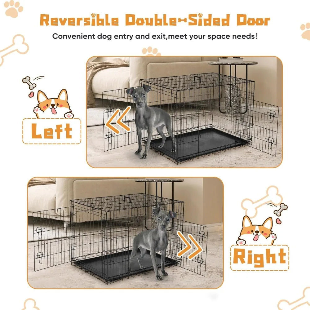 Dog Crate Foldable Double Door Cage With Leak Proof Pan Tray