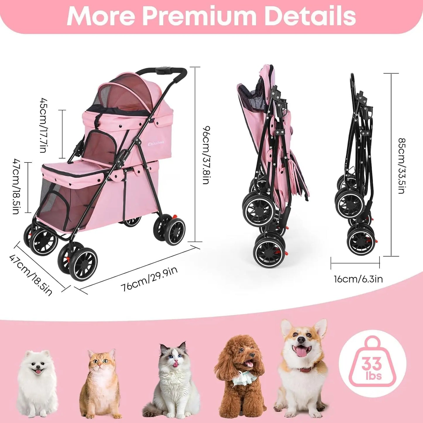 Double Pet Stroller For Two Pets, Lightweight Folding, 4 Wheels