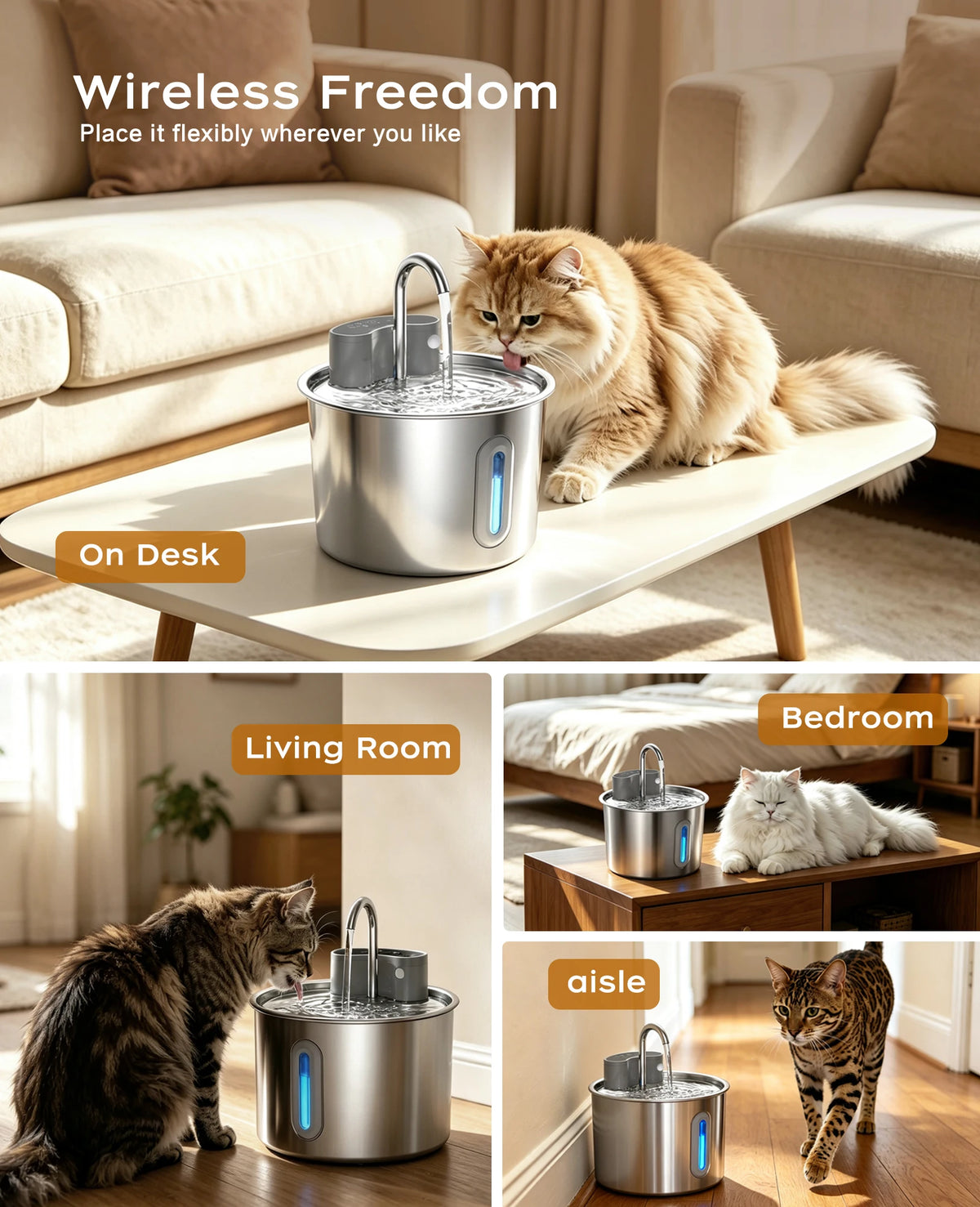 OPETH Cordless Stainless Steel Cat Water Fountain With Automatic Pump