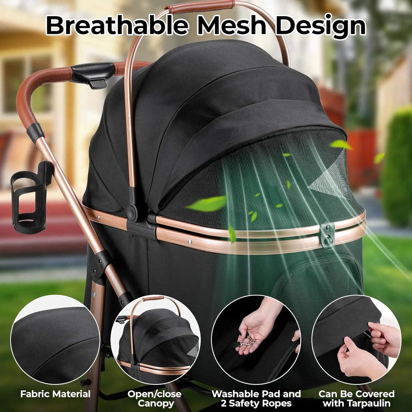 Foldable Pet Stroller All Terrain 3 In 1 Carrier Cup Holder