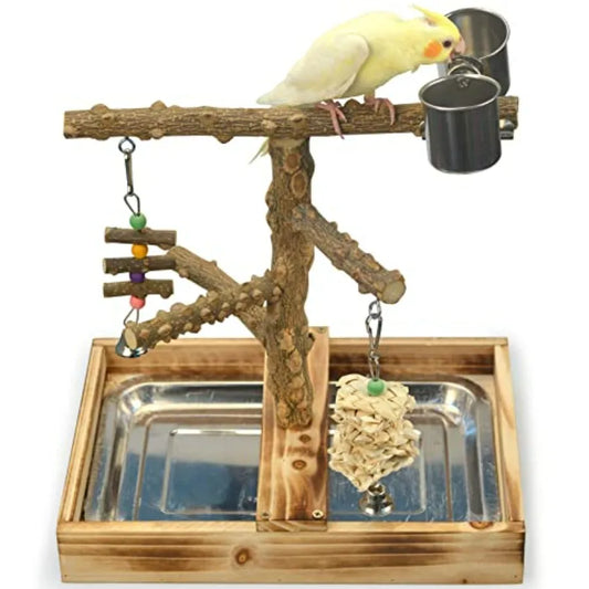 Natural Wood Bird Toys Playground With Perches And Steel Cups