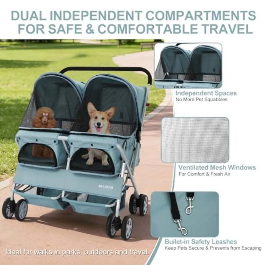 Double Pet Stroller For Two Dogs And Cats With Leashes