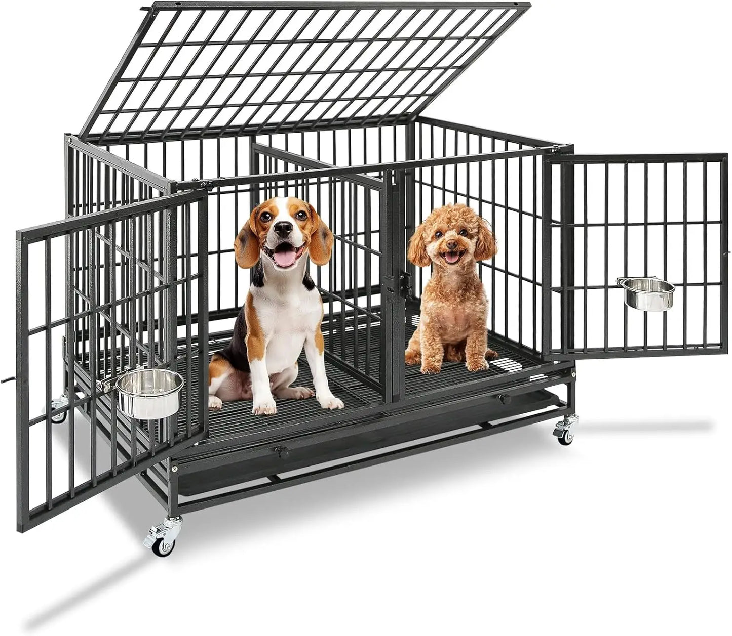 Heavy Duty Stackable Dog Crate With Divider Doors And Bowls