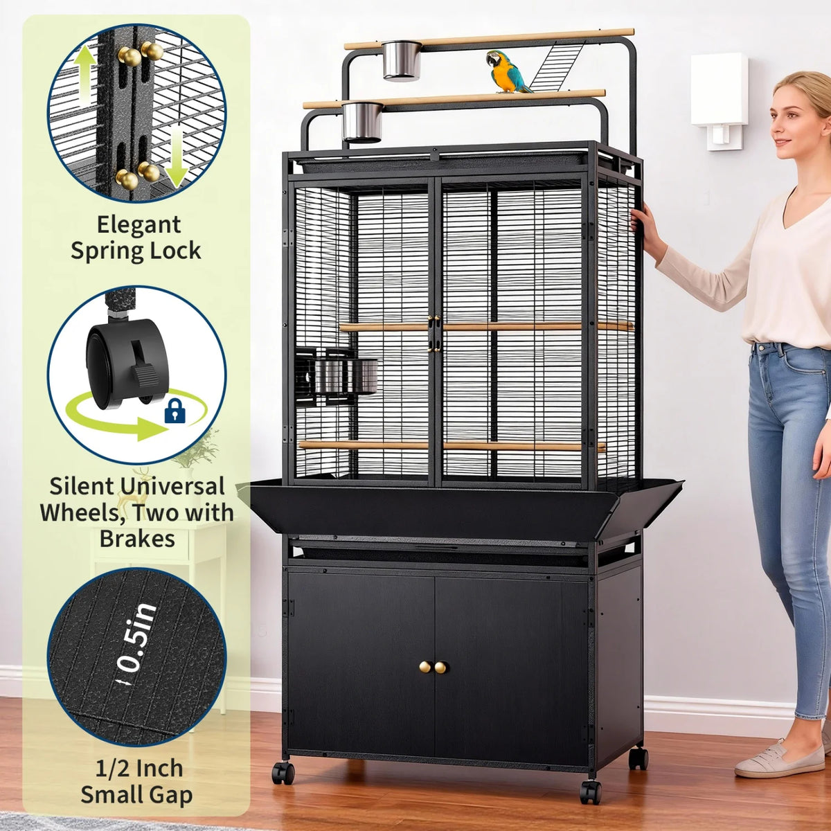 HImiss Corner Bird Cage Play Top And Rolling Storage Cabinet